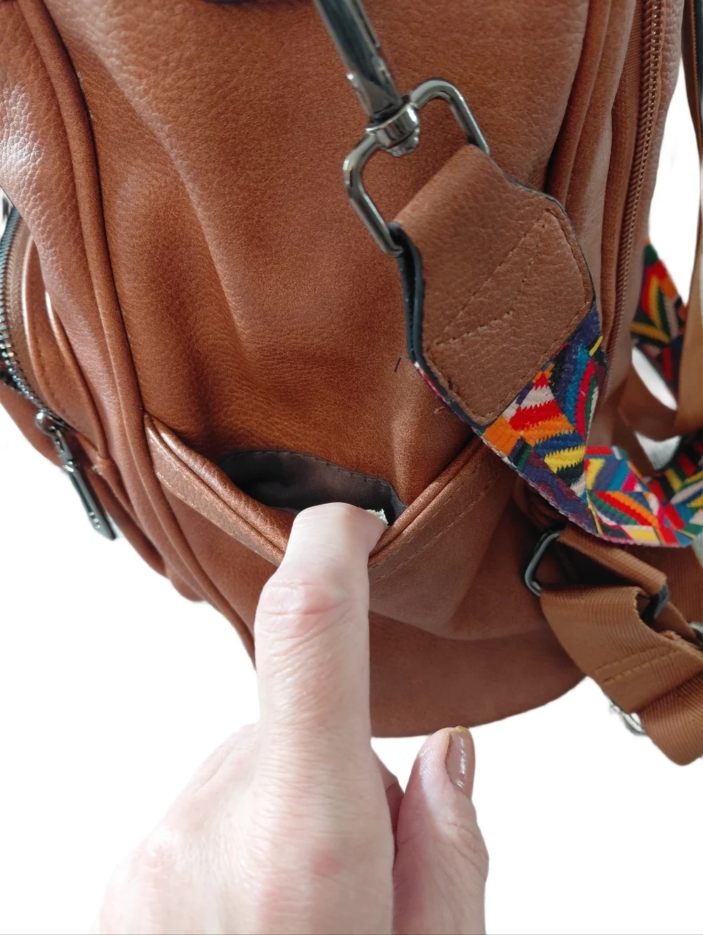 Brown Vegan Leather Backpack with Removable Pouch and Colorful Strap
